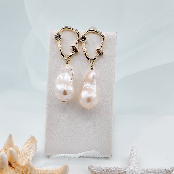 Baroque Flameball Pearl Earrings, 14K Gold Filled Abstract CZ Studs - Picture 5 of 9